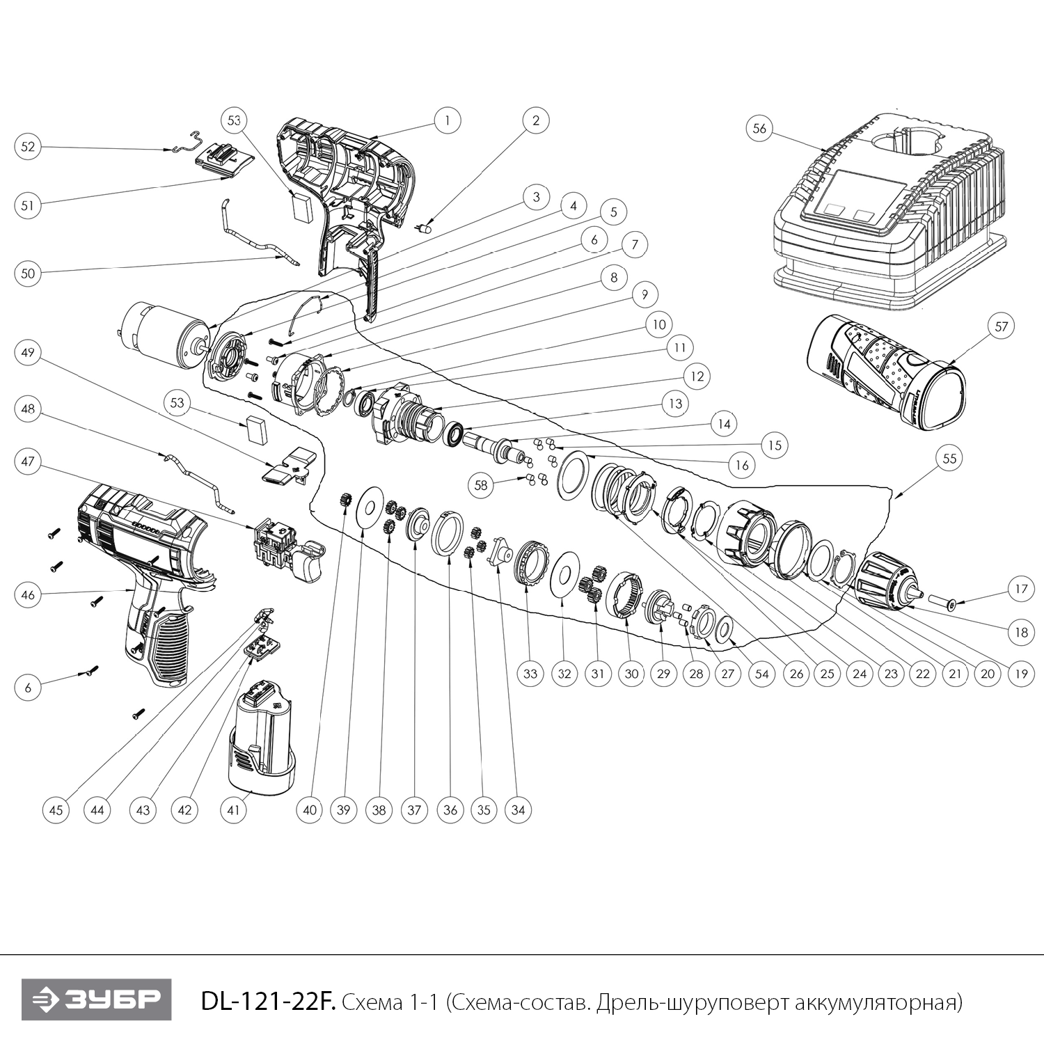 Дрель-шуруповерт, 2 АКБ (2 Ач) + LED фонарь, в кейсе DL-121-22F